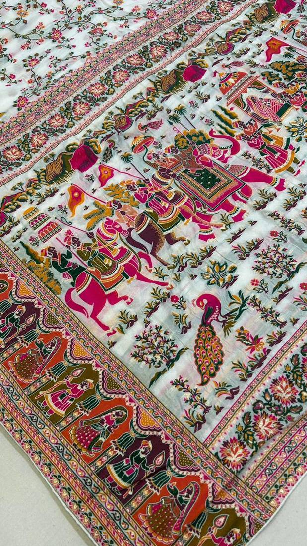 White Color Kashmiri Thread Wooven  Silk Saree