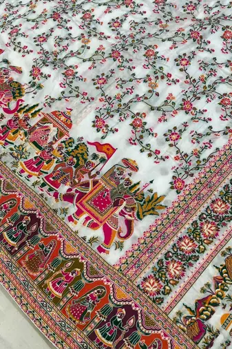White Color Kashmiri Thread Wooven  art silk saree