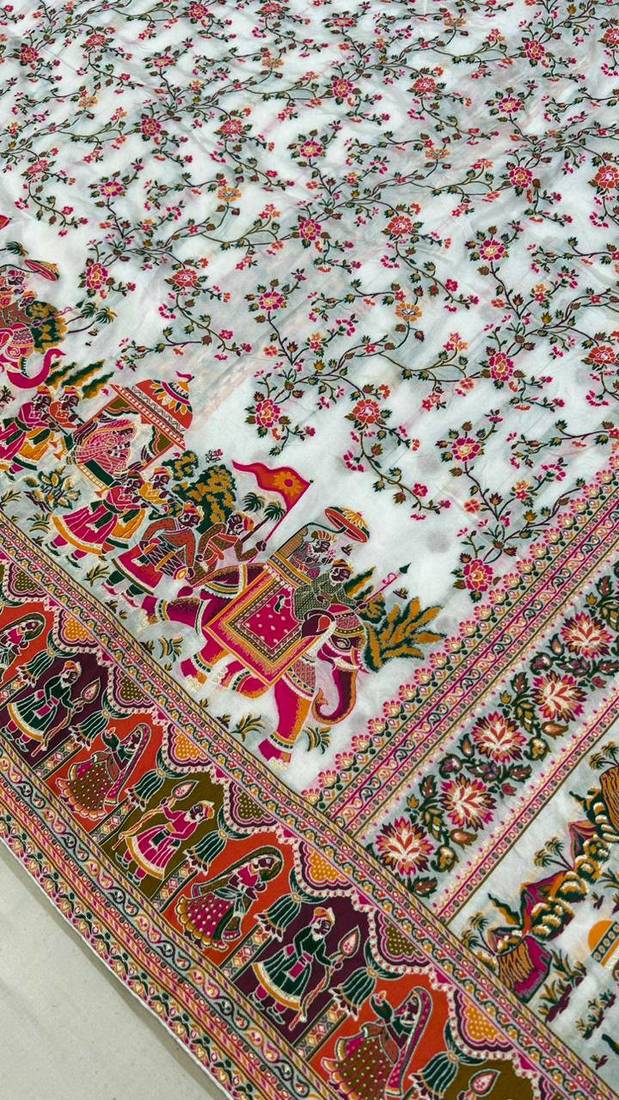 White Color Kashmiri Thread Wooven  Silk Saree