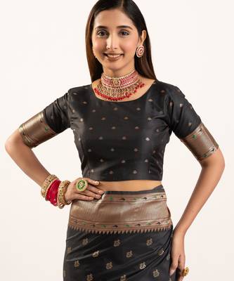 Black faux banarasi silk blend heavy partywear ceremonial saree 5
