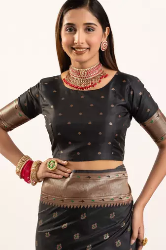 Black faux banarasi silk blend heavy partywear ceremonial saree