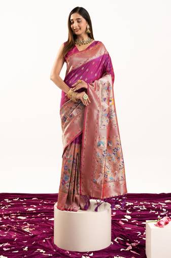 Magenta color banarasi silk fabric heavy partywear ceremonial saree