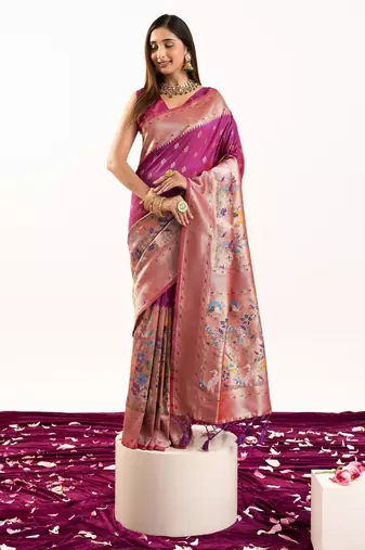 Magenta color banarasi silk fabric heavy partywear ceremonial saree