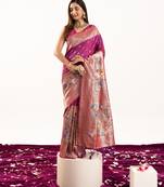 Magenta faux banarasi silk fabric heavy partywear ceremonial saree