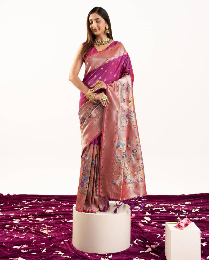 Magenta color banarasi silk fabric heavy partywear ceremonial saree