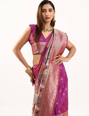Magenta faux banarasi silk blend heavy partywear ceremonial saree 3