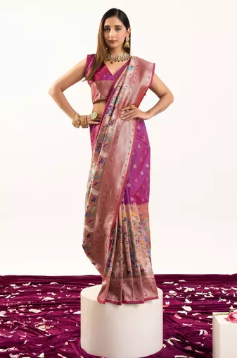 Magenta faux banarasi silk blend heavy partywear ceremonial saree