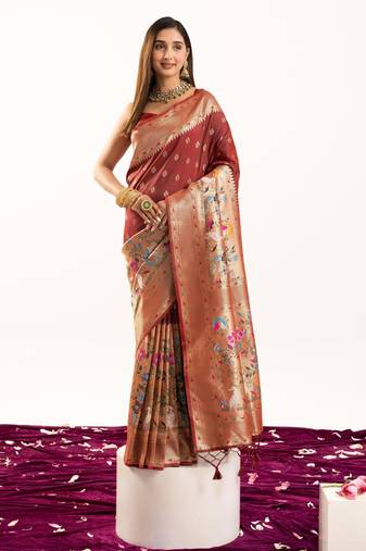 Maroon color banarasi silk fabric heavy partywear ceremonial saree