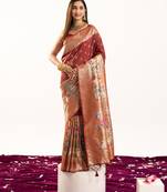 Maroon faux banarasi silk fabric heavy partywear ceremonial saree