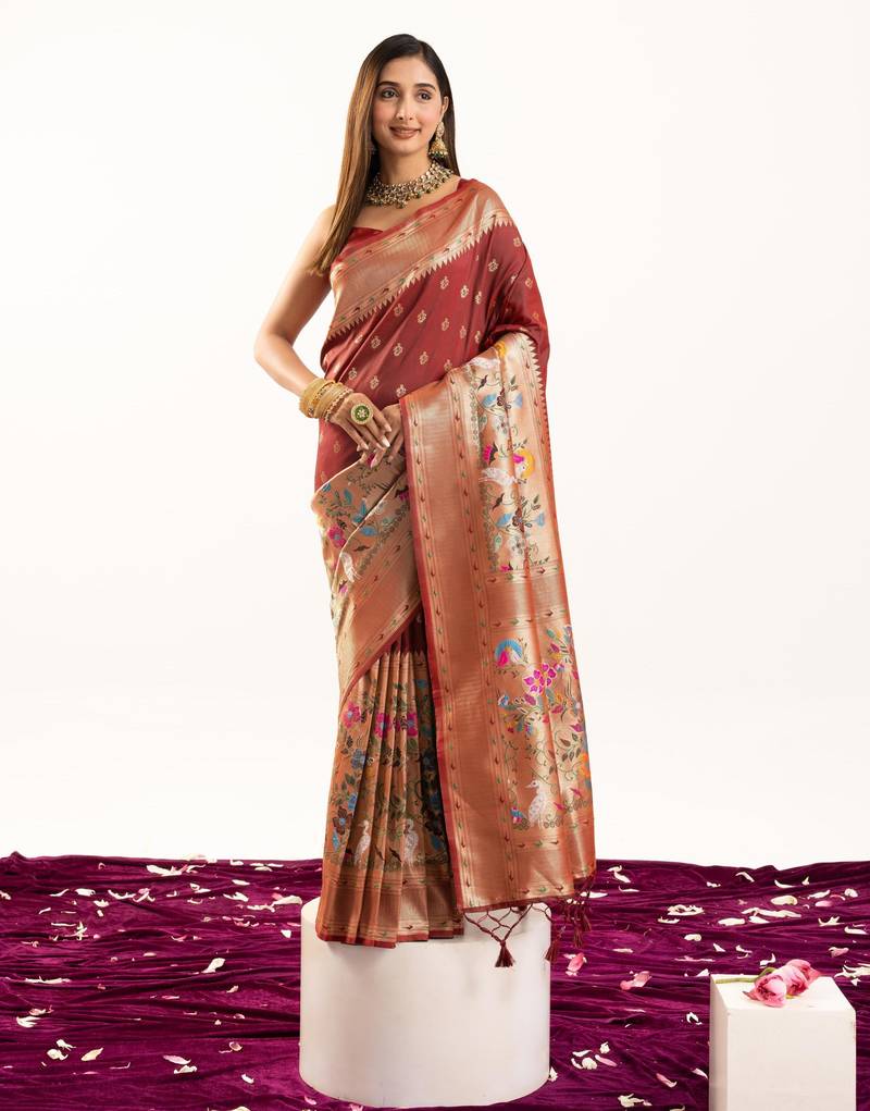 Maroon color banarasi silk fabric heavy partywear ceremonial saree