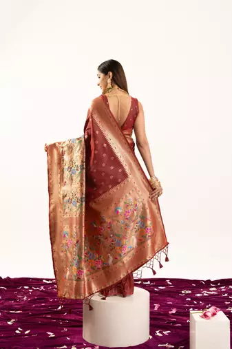 Maroon faux banarasi silk blend heavy partywear ceremonial saree