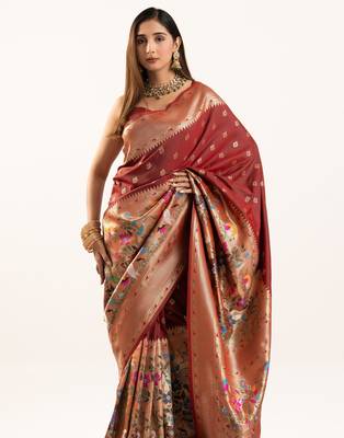 Maroon faux banarasi silk blend heavy partywear ceremonial saree 3