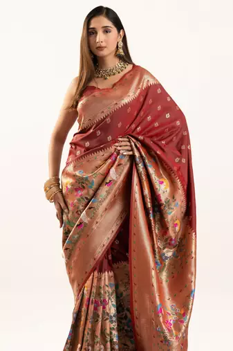 Maroon faux banarasi silk blend heavy partywear ceremonial saree