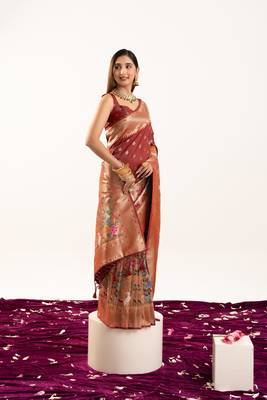 Maroon faux banarasi silk blend heavy partywear ceremonial saree 4