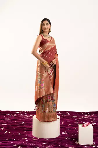 Maroon faux banarasi silk blend heavy partywear ceremonial saree