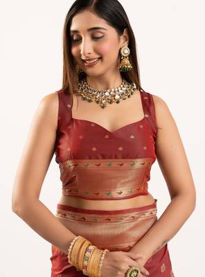 Maroon faux banarasi silk blend heavy partywear ceremonial saree 5