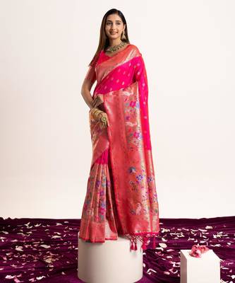 Pink faux banarasi silk blend heavy partywear ceremonial saree 1