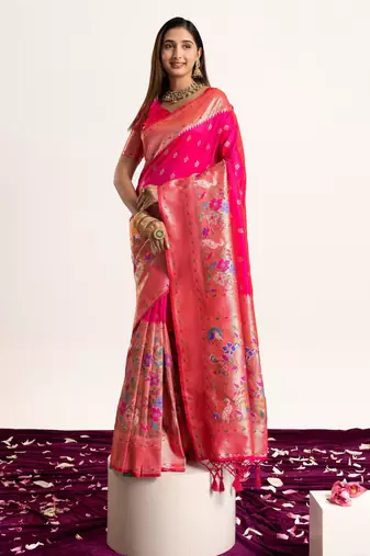 Pink color banarasi silk fabric heavy partywear ceremonial saree