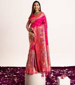 Pink faux banarasi silk fabric heavy partywear ceremonial saree
