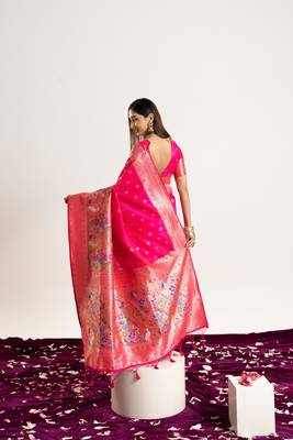 Pink faux banarasi silk blend heavy partywear ceremonial saree 2