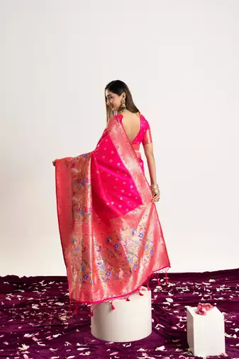 Pink faux banarasi silk blend heavy partywear ceremonial saree