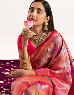 Pink faux banarasi silk blend heavy partywear ceremonial saree 3