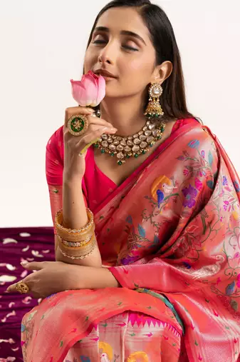 Pink faux banarasi silk blend heavy partywear ceremonial saree
