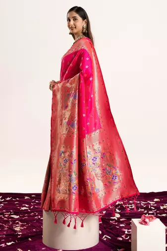 Pink faux banarasi silk blend heavy partywear ceremonial saree