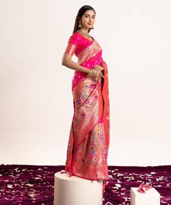 Pink faux banarasi silk blend heavy partywear ceremonial saree 5