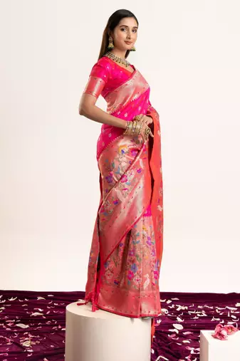 Pink faux banarasi silk blend heavy partywear ceremonial saree