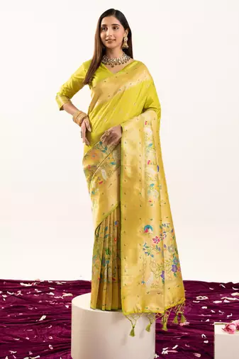 Pista color banarasi silk fabric heavy partywear ceremonial saree