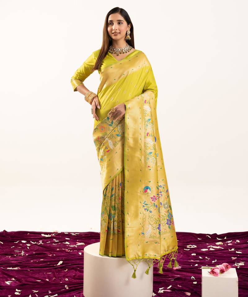 Pista color banarasi silk fabric heavy partywear ceremonial saree