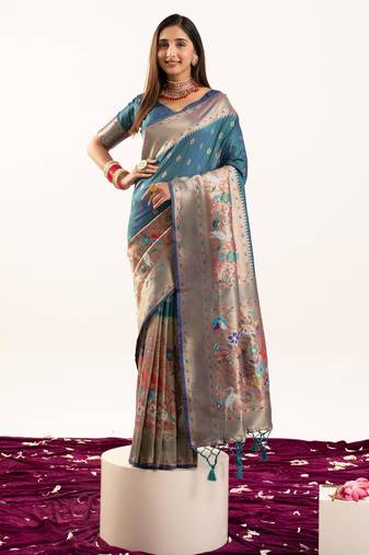 Rama color banarasi silk fabric heavy partywear ceremonial saree