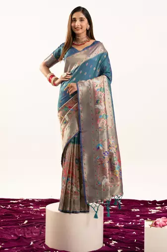 Rama color banarasi silk fabric heavy partywear ceremonial saree