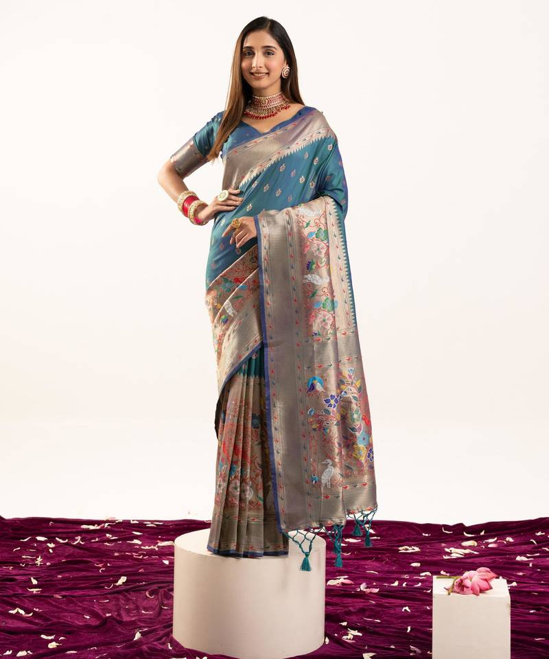 Rama color banarasi silk fabric heavy partywear ceremonial saree