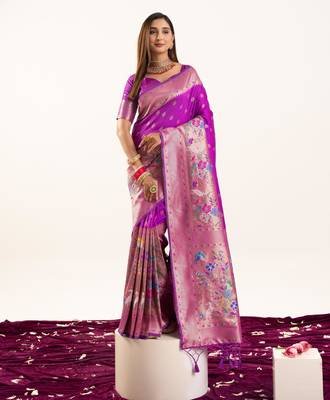 Wine faux banarasi silk blend heavy partywear ceremonial saree 1