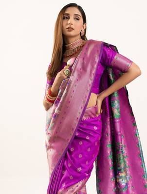 Wine faux banarasi silk blend heavy partywear ceremonial saree 3