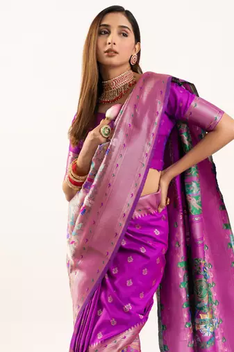 Wine faux banarasi silk blend heavy partywear ceremonial saree