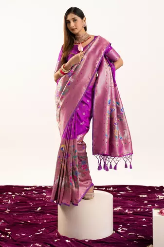 Wine faux banarasi silk blend heavy partywear ceremonial saree