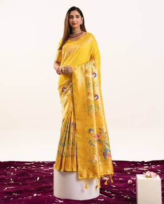 Yellow faux banarasi silk blend heavy partywear ceremonial saree 1