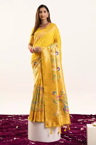 Yellow color banarasi silk fabric heavy partywear ceremonial saree