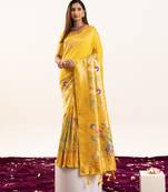 Yellow faux banarasi silk fabric heavy partywear ceremonial saree
