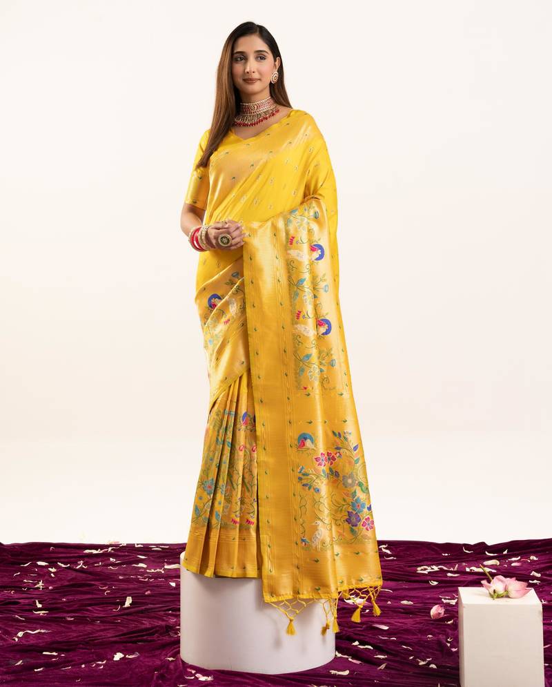 Yellow color banarasi silk fabric heavy partywear ceremonial saree