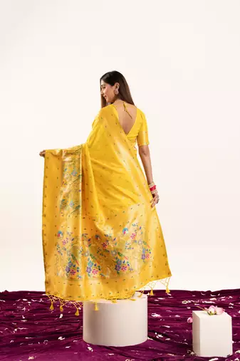 Yellow faux banarasi silk blend heavy partywear ceremonial saree