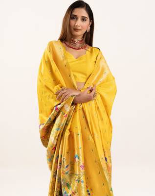 Yellow faux banarasi silk blend heavy partywear ceremonial saree 3