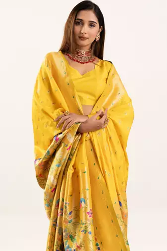 Yellow faux banarasi silk blend heavy partywear ceremonial saree