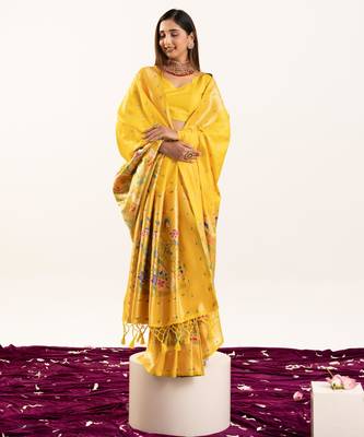 Yellow faux banarasi silk blend heavy partywear ceremonial saree 4