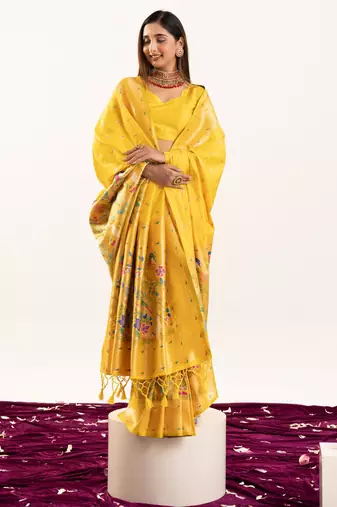 Yellow faux banarasi silk blend heavy partywear ceremonial saree