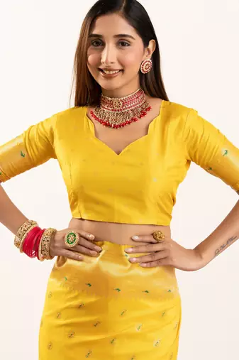 Yellow faux banarasi silk blend heavy partywear ceremonial saree