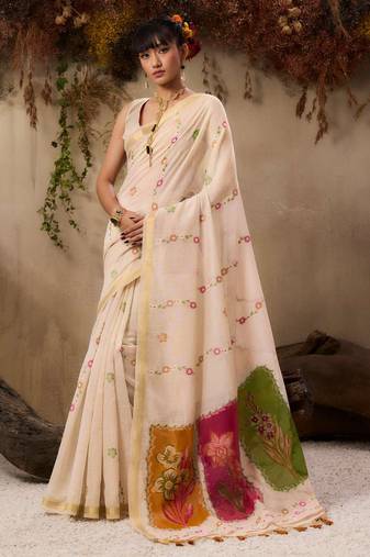 Beige color muga cotton fabric resham woven designer ethnic saree